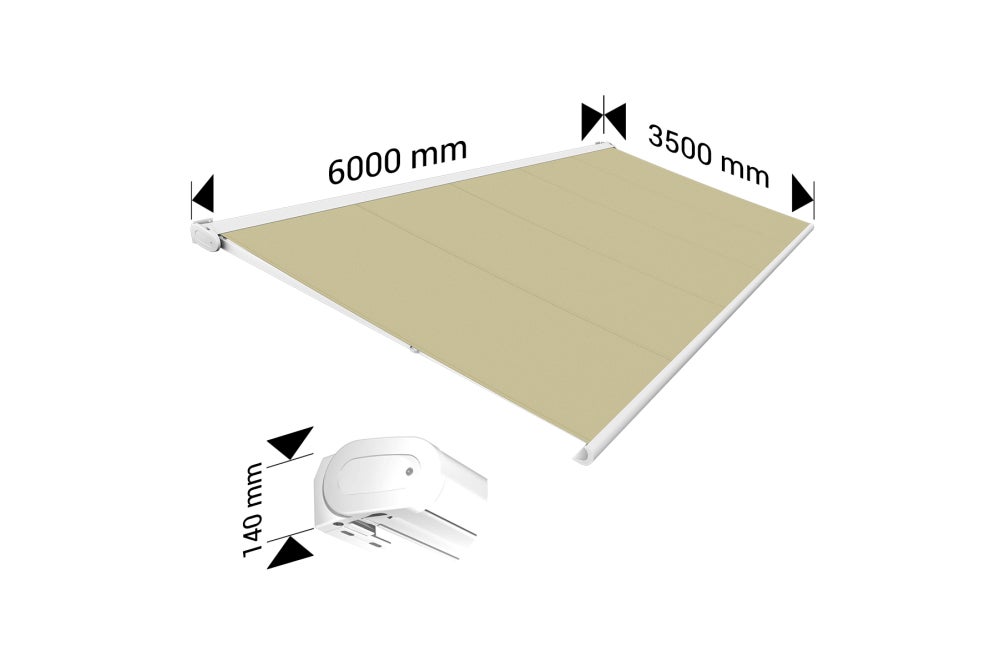 Store banne Coffre intégral PROTECT 2 LED SMART Blanc 6x3,5m Motorisé à télécommande + Capteur Vent + Eclairage LED - Toile Écrue - 4