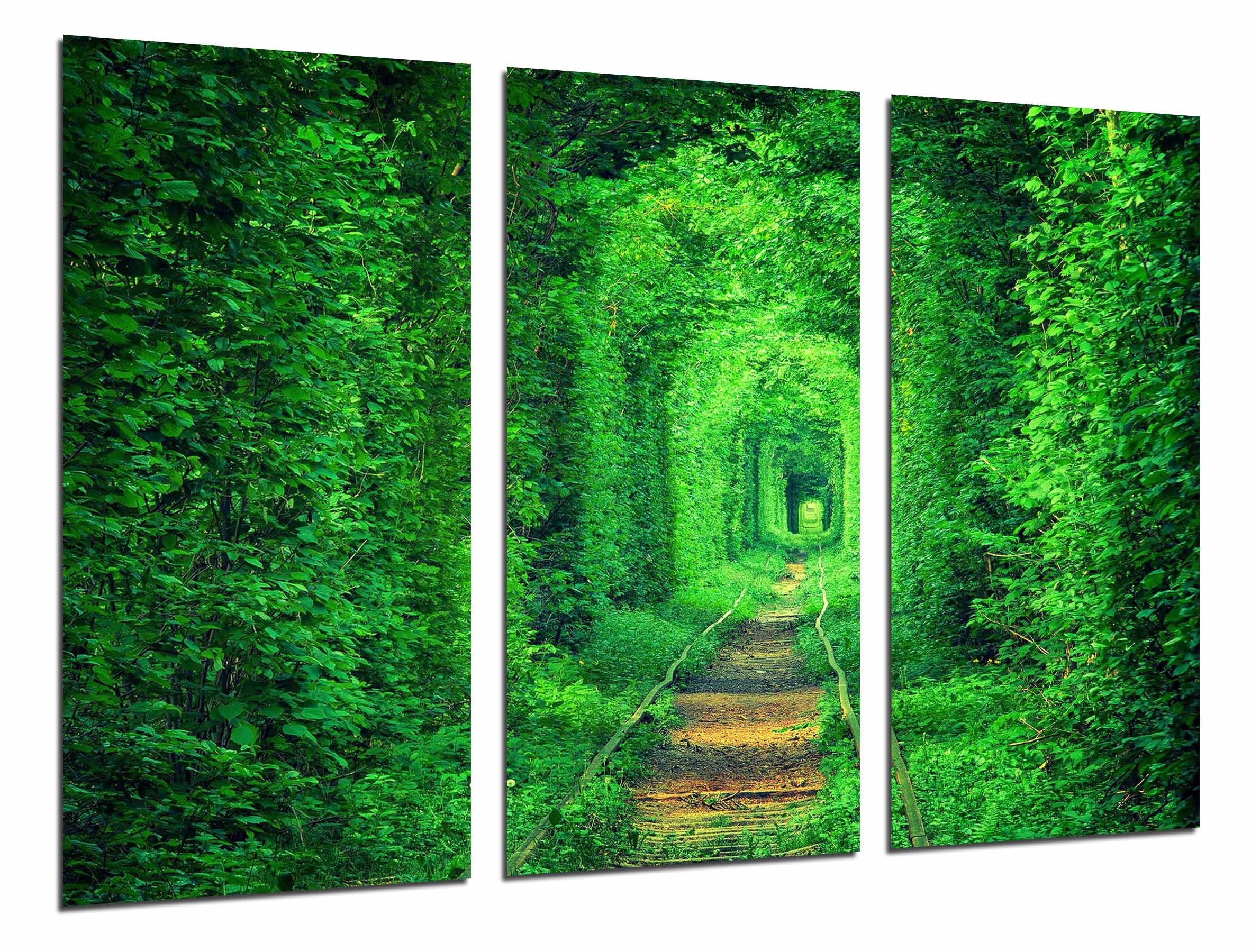 Paisaje vias de tren fantasia, hierva verde, impresión fotográfica sobre madera, cuadro moderno decorativo