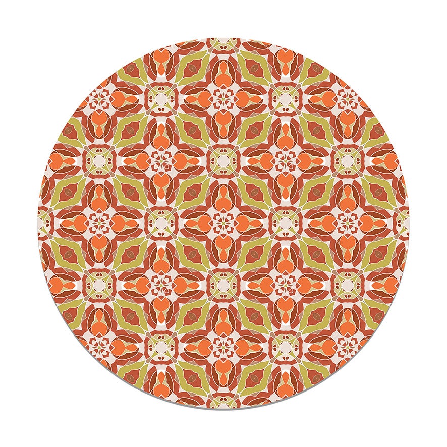 Panorama alfombra vinílica redonda baldosín oriental caleidoscopio naranja 150x150 cm - alfombra cocina vinilo - alfombra salón antideslizante