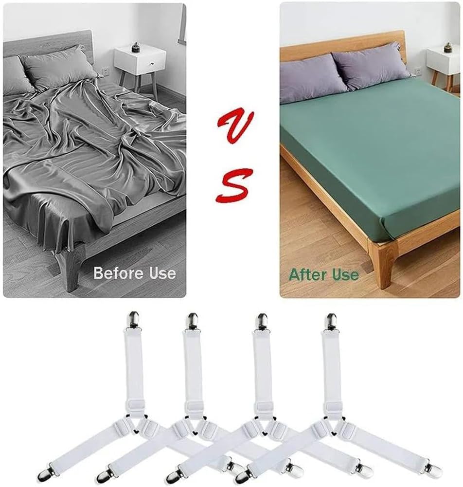 Attache Drap Housse Triangle Attache,Matelas Élastique Tendeur de Draps,Sangles de Fixation Triangulaires Réglables 4 Pièces Blanc - 4