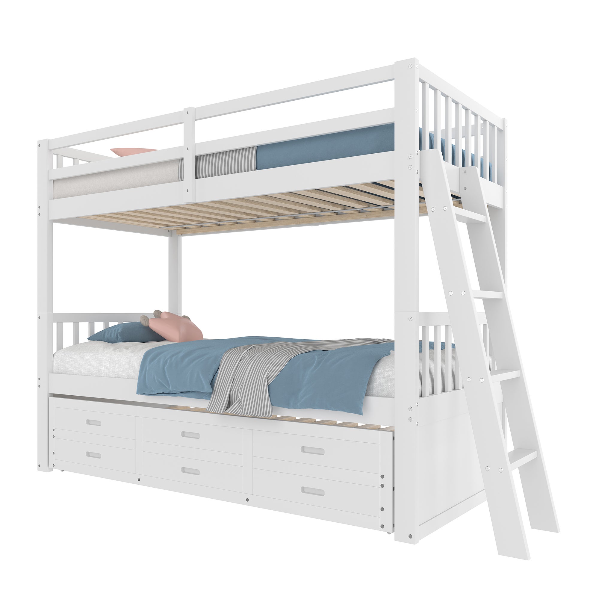 Lit superposé enfant 90x200cm avec échelle, lit gigogne et 3 tiroirs, pin + MDF, blanc, matelas non inclus - 9