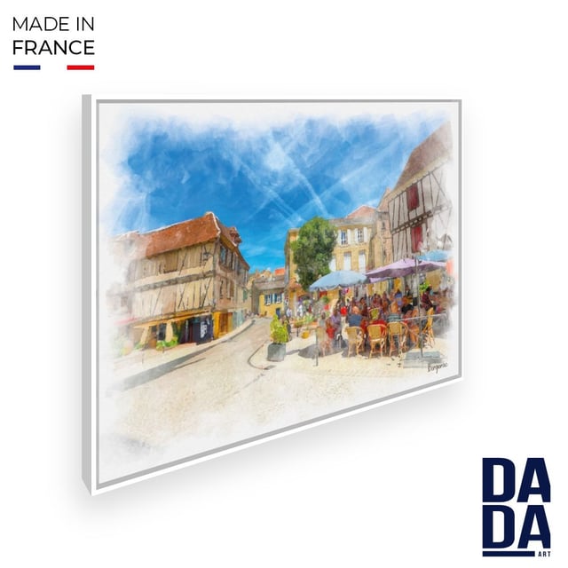 Tableau Scène de rue de Bergerac / 45x60cm / Cadre Blanc / Fabriqué en France / Toile encadrée / DADA ART
