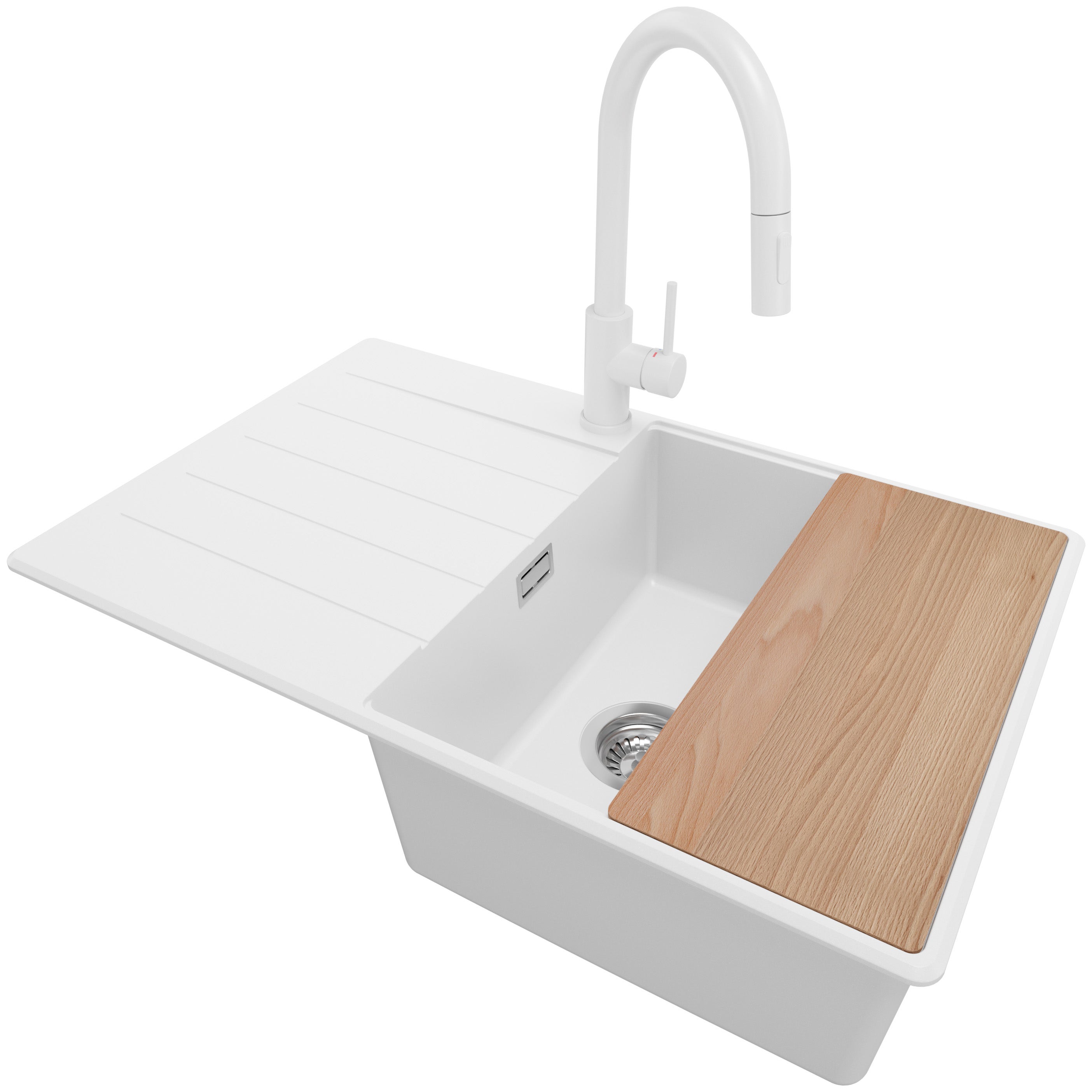 Zlewozmywak Granitowy Biały 78x50cm, Zlew Kuchenny 1 Komorowy + Bateria 40x20cm + Syfon + Deska, Nablatowy do szafki od 50cm - Kopenhaga PRIMAGRAN