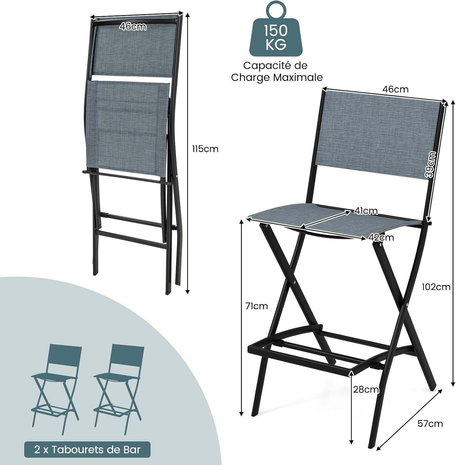 Set di Sgabelli da Bar 2 Pezzi, Sedie Alte e Pieghevoli con Telaio in Metallo e Poggiapiedi, Sedie da Bar per Balcone, Giardino e Piscina (Blu - 3