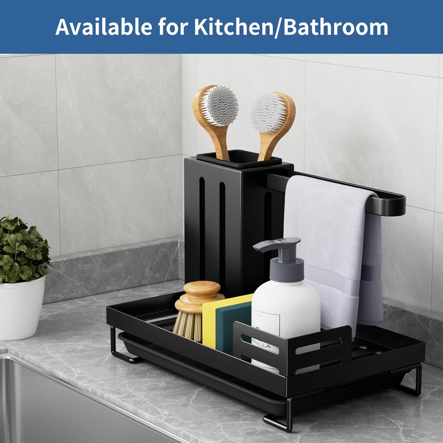 Porte Eponge Evier Cuisine, Rangement Evier Cuisine Porte Éponge Support Organisateur Evier avec bac à Goutte et Porte pour Éponge - 4