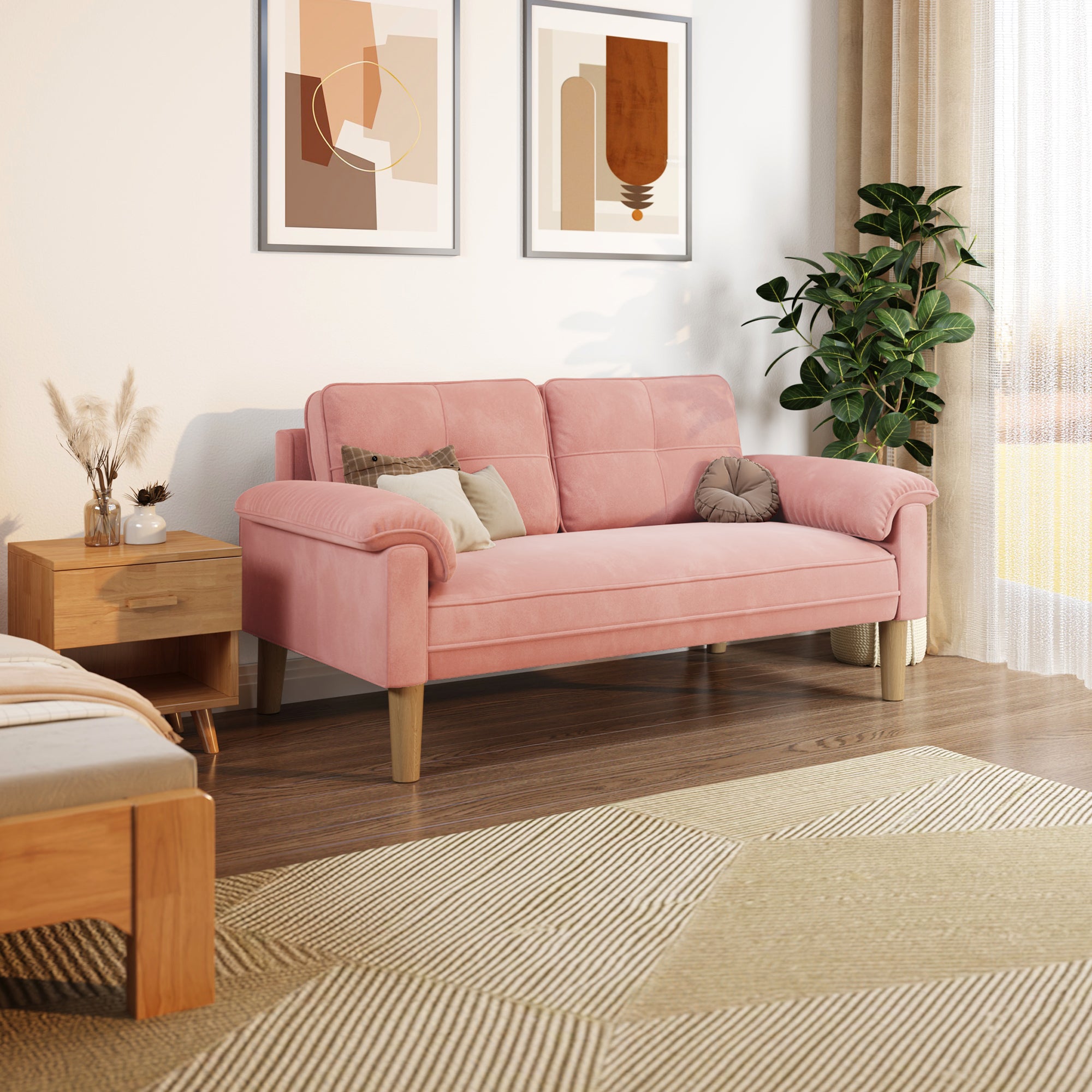 Canapé 2 places Rose en tissu,design scandinave,assise confortable,pieds en bois,pour salon et petit espace,145 x 77 x 77 cm - 9