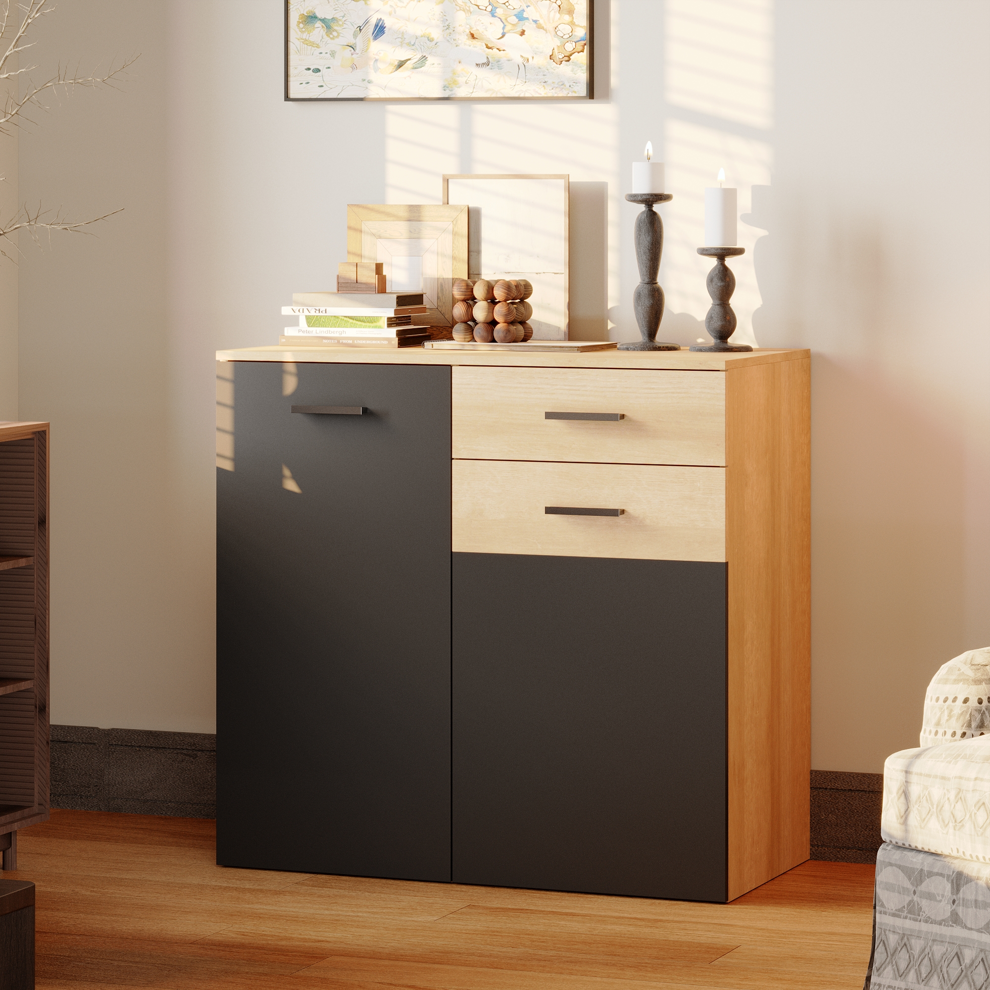 Armoire de rangement basse en Gris foncé&Bois,3 étagères,2 portes,idéale pour chambre salon,dispositif anti-basculement,90x45x85cm - 2