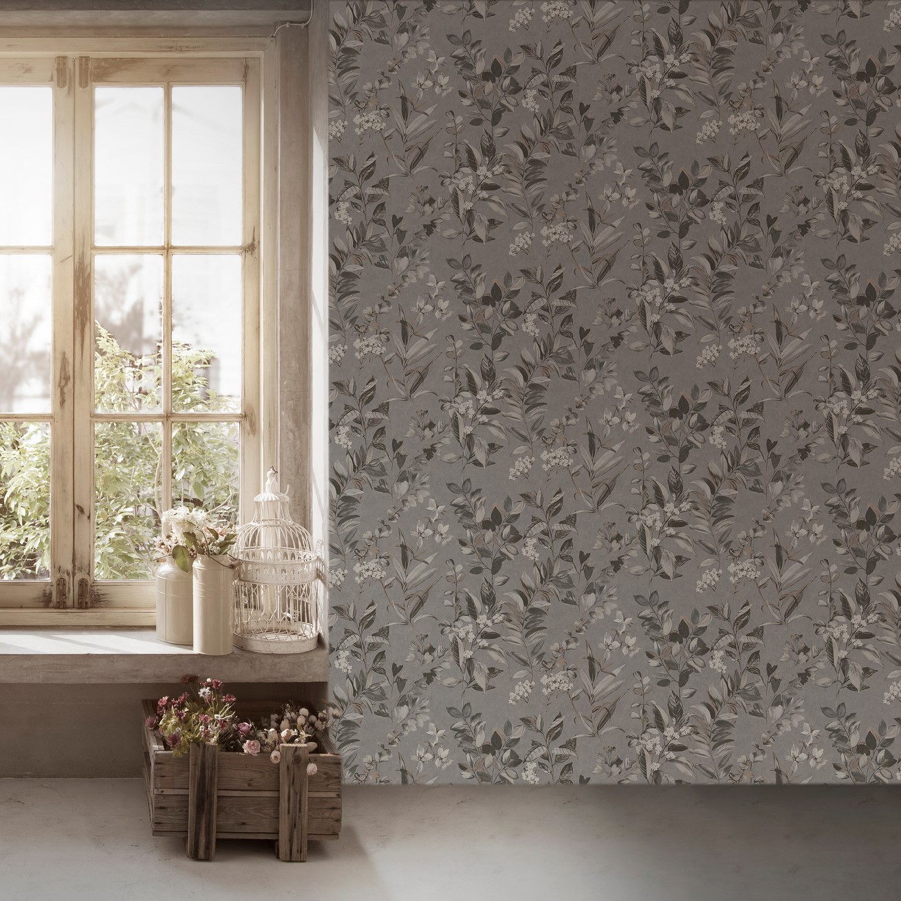 Architects paper, papel pintado no tejido, floral, flores, rollo 10,05 m x 0,53 m, as391714, gris, blanco
