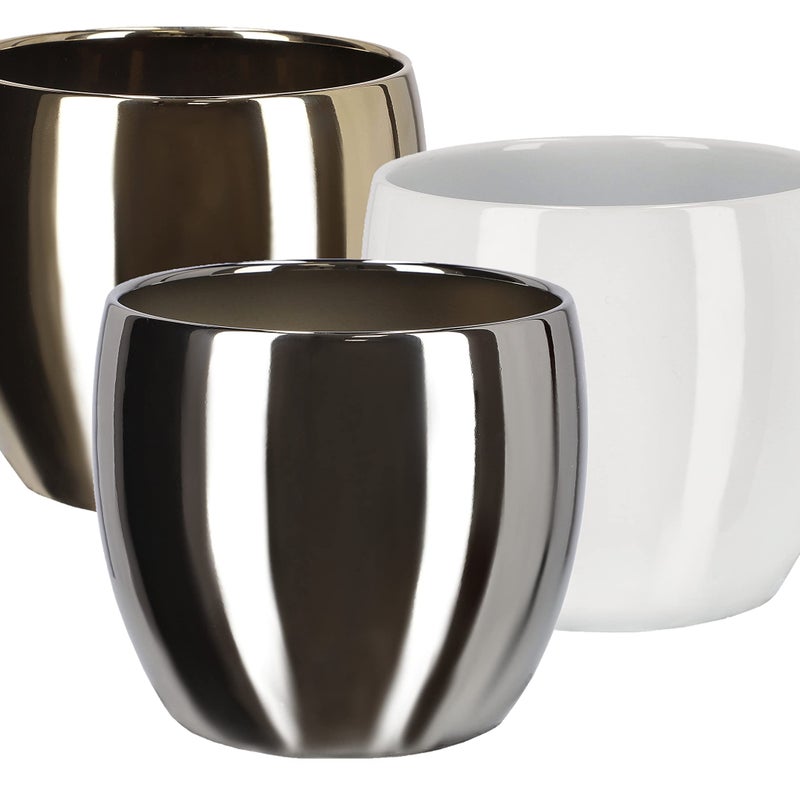 Zestaw 3x donica doniczka osłonka 13cm biała srebrna złota ceramika glamour - KOTARBAU