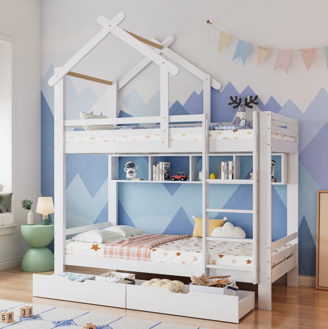 Cama litera infantil 90 × 200 cm con cajones, estantes y escalera, con barreras, sin colchón, madera y MDF blanco