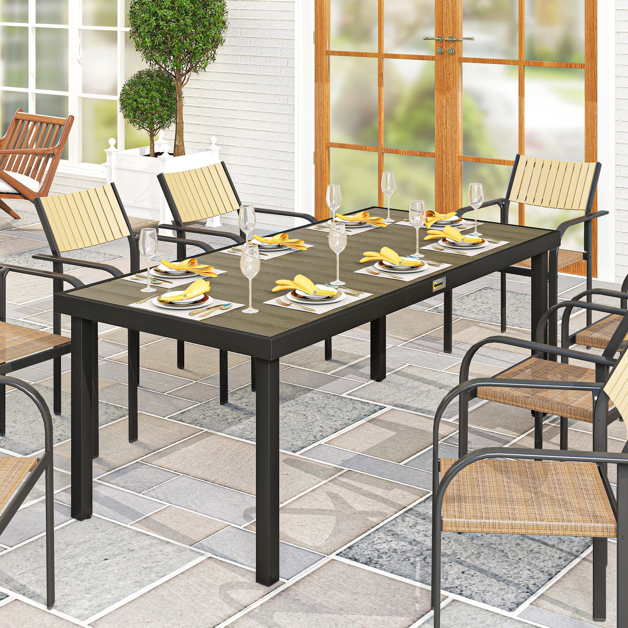 Tavolo da Pranzo da Giardino per 8 Persone in Alluminio e Plastica, Legno Scuro e - 3