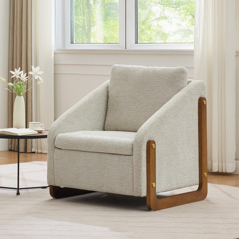 Fotel wypoczynkowy z tkaniny szenilowej z drewnianymi podłokietnikami, nowoczesny design, kompaktowy 73,5 cm, ergonomiczny