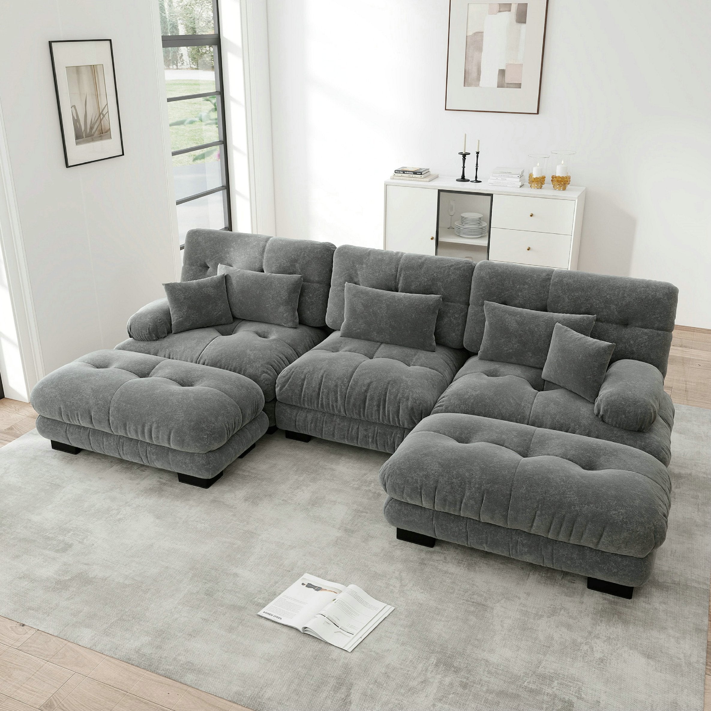 Canapé d\'angle modulable, ensemble de salon en forme de U 3 places Élégant - canapé-lit convertible avec pouf - chenille - gris - 9
