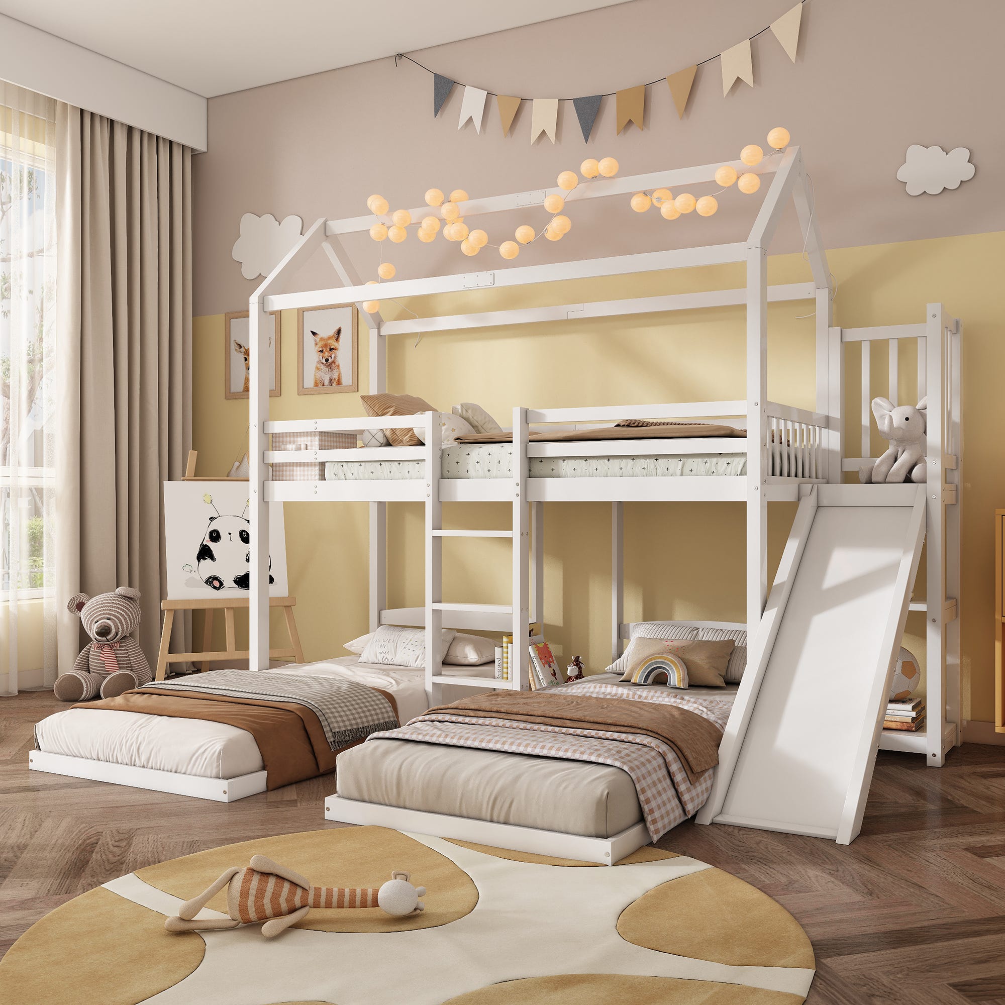 Lit superposé cabane avec toboggan + tiroirs - cadre en pin - 90x200cm Lit superposé cabane avec toboggan + tiroirs - cadre en pin - 90x200cm