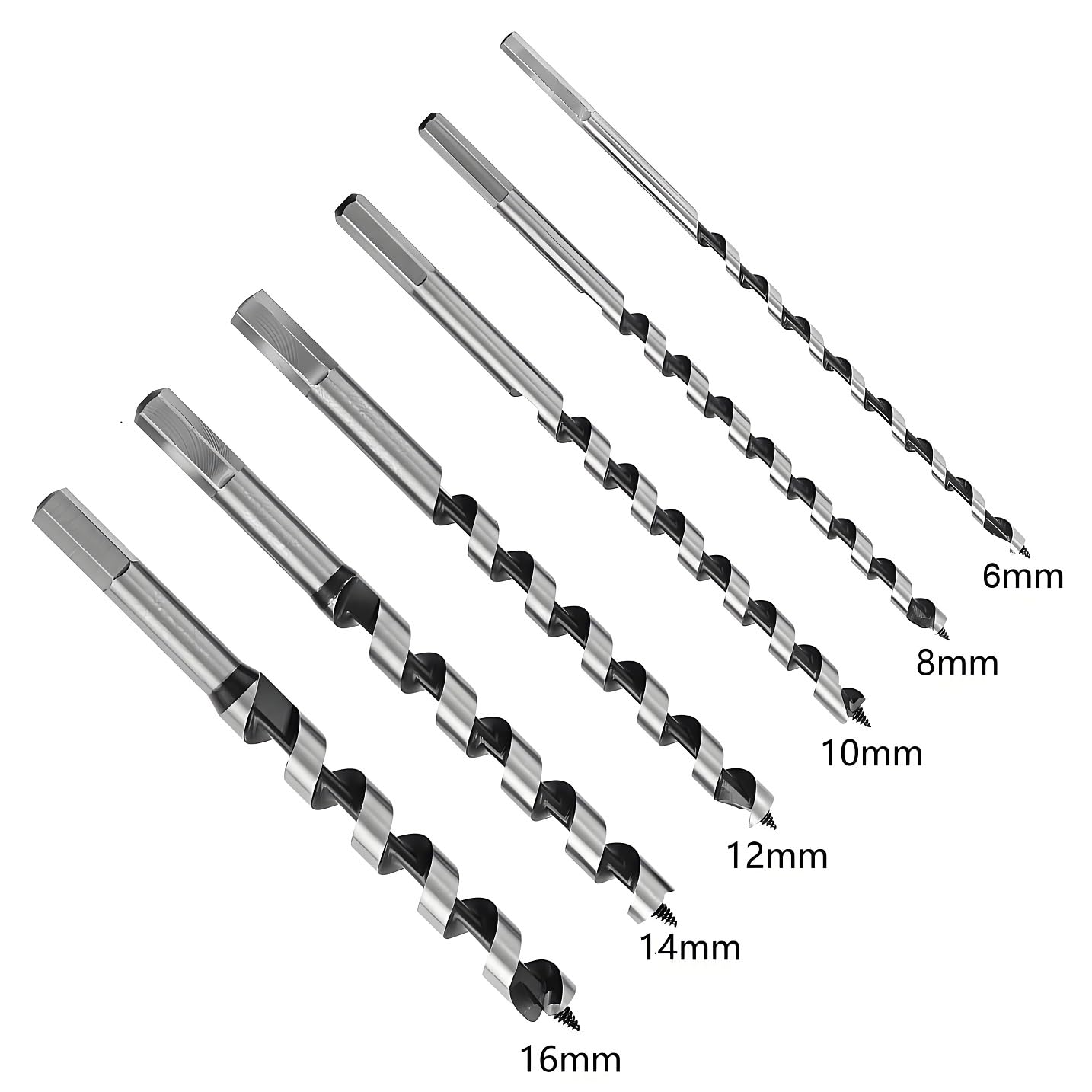 Lot de 6 Mèche à Bois Hélicoïdale Longue 230mm, Jeu de Foret à Bois 230mm de Long - Avec Tige Hexagonale - Diamètre 6mm, 8mm, 10mm, 12mm, 14mm, 16mm - 3