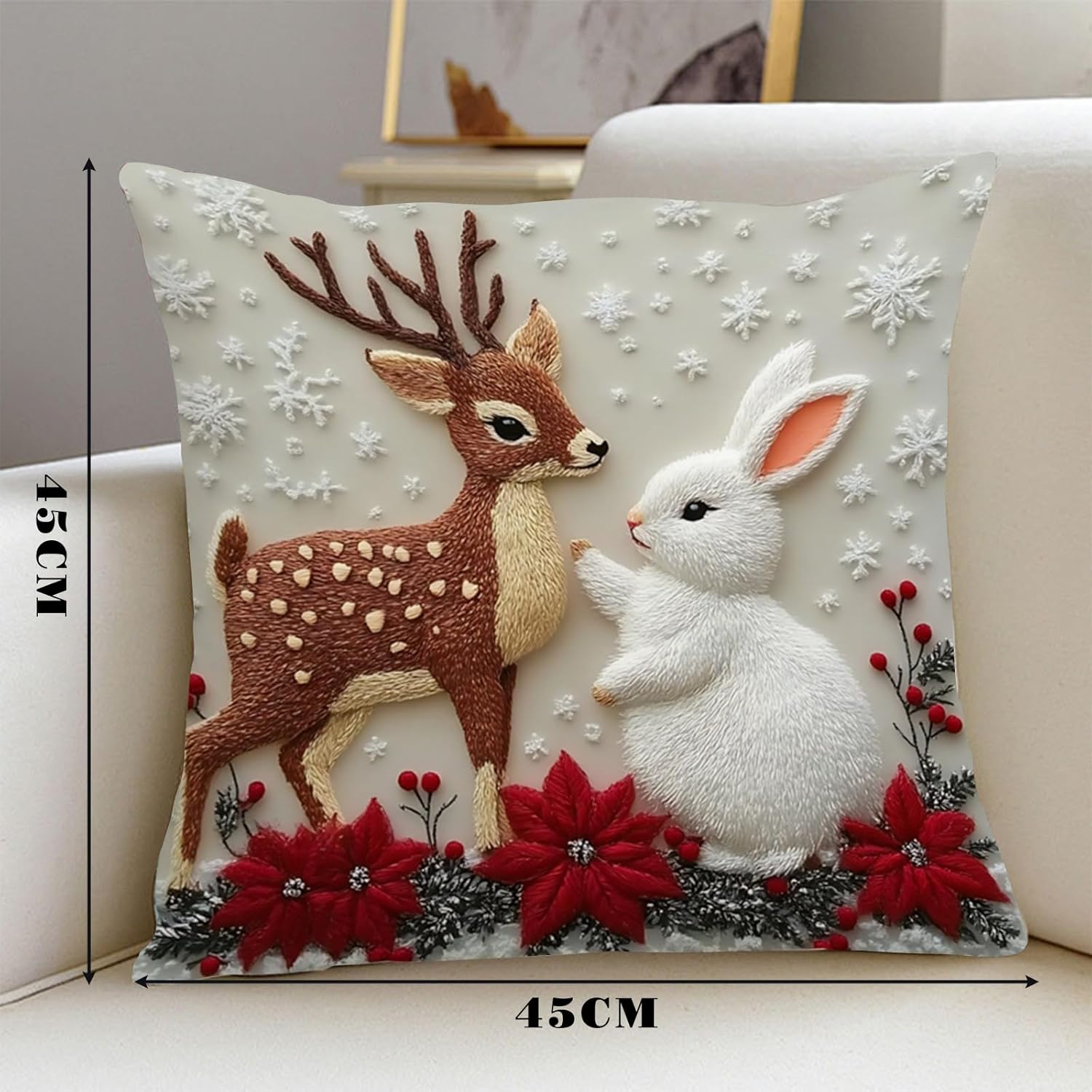 2 Pièces Coussin Noel, Lapin Cerf Housse Coussin Noel, 45x45, Père Noël Housse de CoussinNoel, Fleurs CoussindeNoel pour Chambre, Nanapé, Chaise, Lit - 4