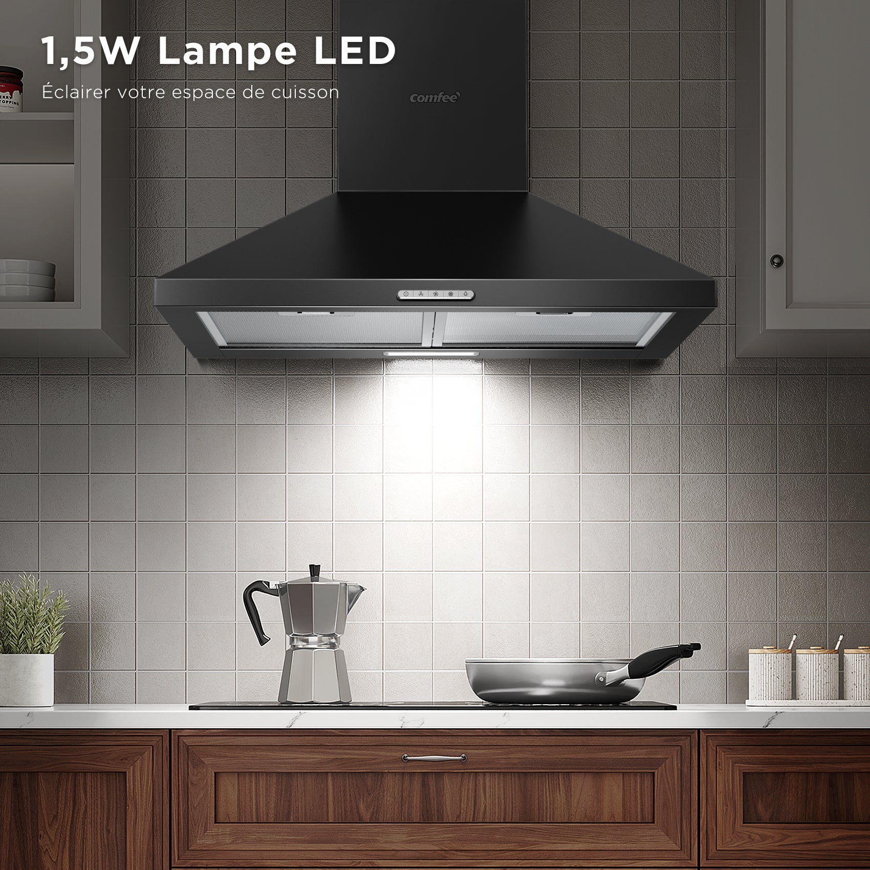 COMFEE Hotte Aspirante 60cm - 400 m³/h - Classe A++ - 2 Filtres à Charbon - 3 Vitesses - Recyclage & Évacuation - LED lampe - 7