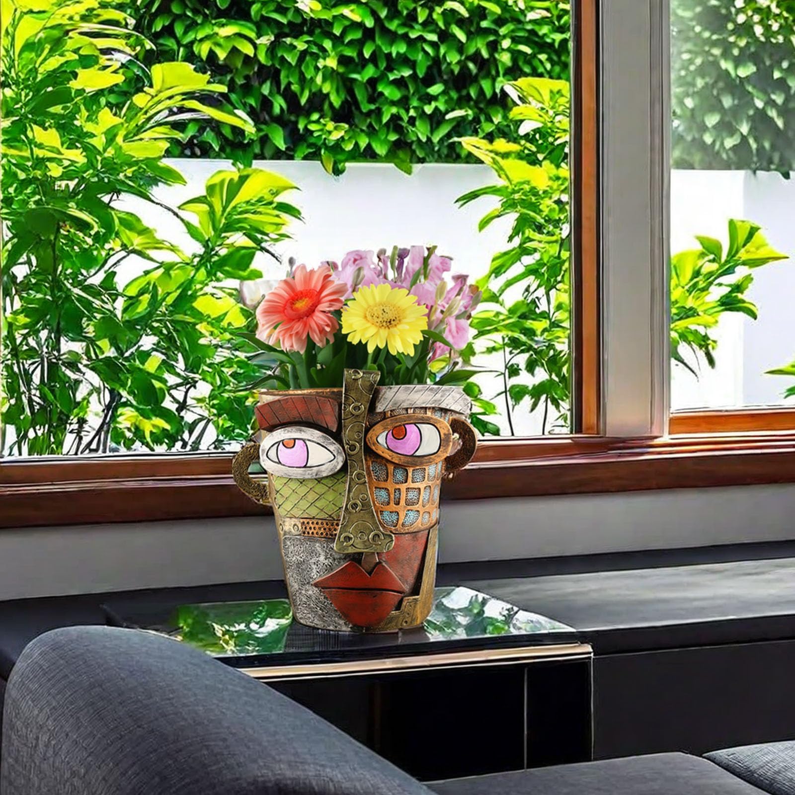Lot de 2 pots de fleurs en résine à tête humaine - pots de fleurs,pots de fleurs abstraits à tête humaine avec poignées,pots de fleurs tête humaine,B - 7