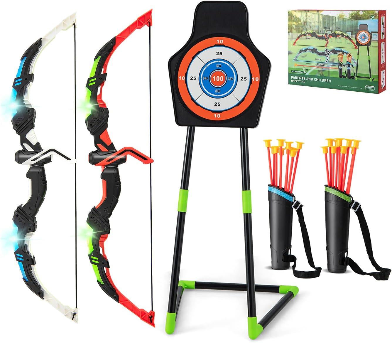 Łuki i Strzały dla Dzieci, Zestaw do Łucznictwa z Diodami LED, 20 Strzał z Przyssawkami, 2 Kołczany, Strzelania dla Dzieci w Wieku od 3 do 12 Lat