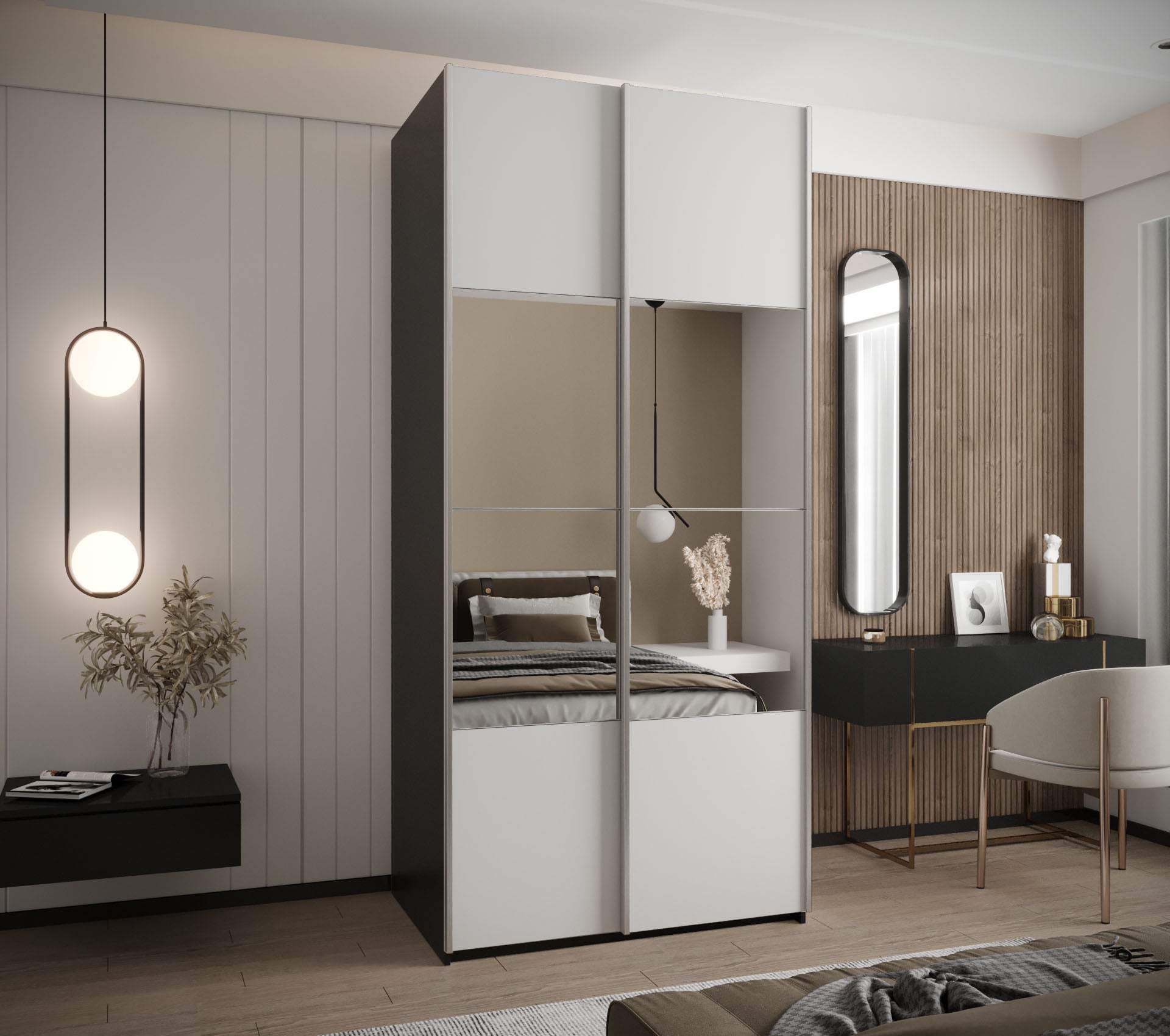 Szafa przesuwna wysoka Lux 4 120 x 64 x 245,5 cm czarny + biały + u. srebrny - Abiks Meble - 2