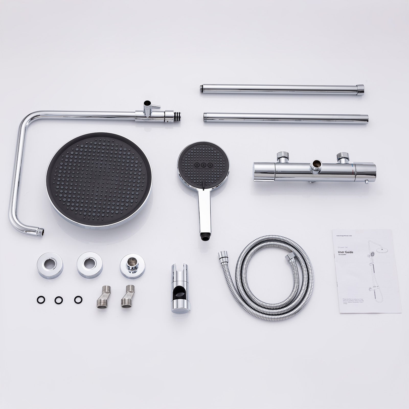 Colonne de Douche Thermostatique, Ensemble de Douche Hauteur Réglable sans Percement Supplémentaire Chromé avec Douchette 3 Jets, Mitigeur en Laiton - 9