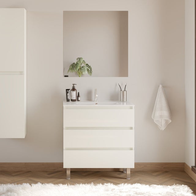 Meuble de salle de bain 80cm simple vasque - 3 tiroirs - blanc - MAYOR