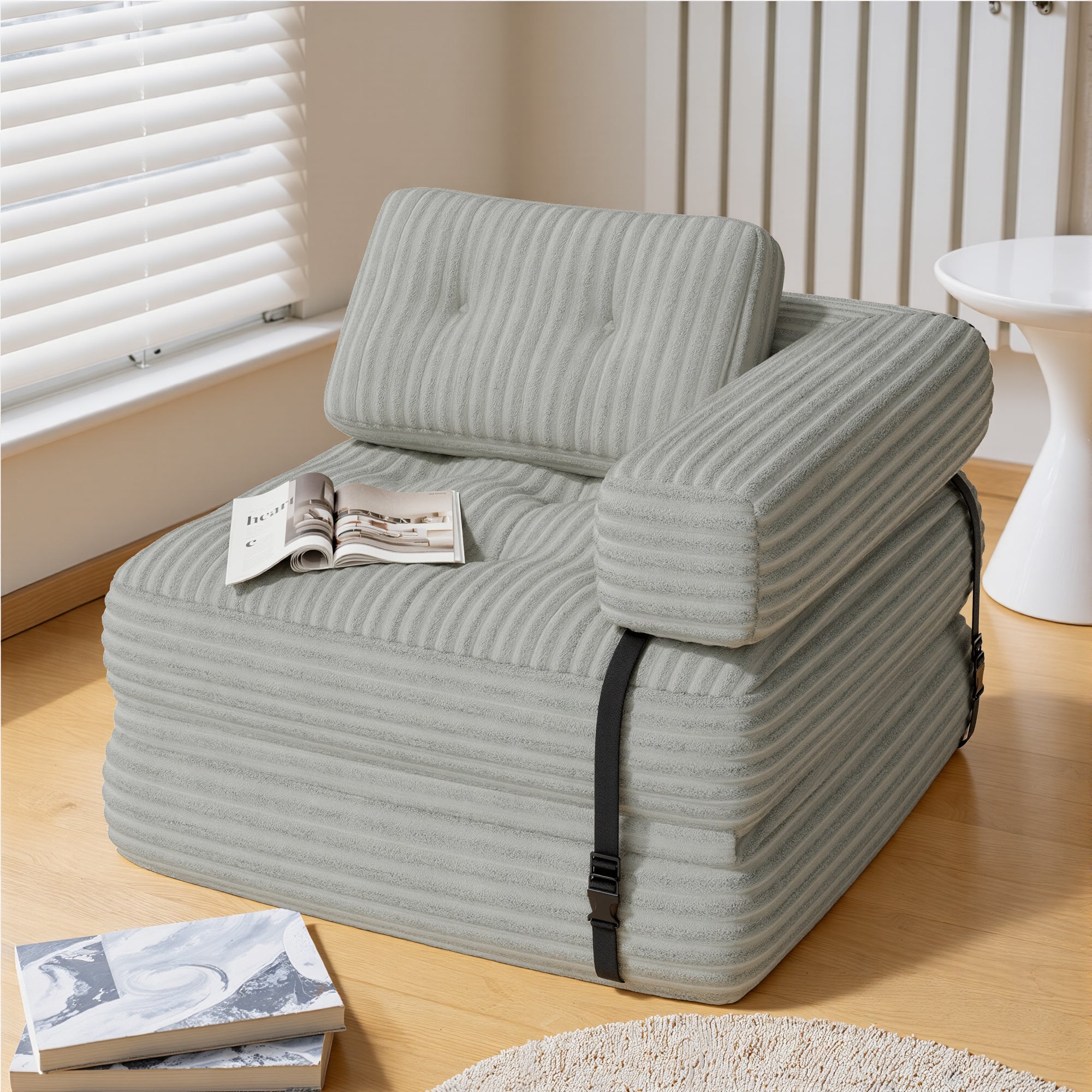 Bealife Sofá Conversível Poltrona-Cama de 1 Lugar em L Cinza Claro Veludo Cotelado Travesseiro Longo 85 x 85 cm - 8