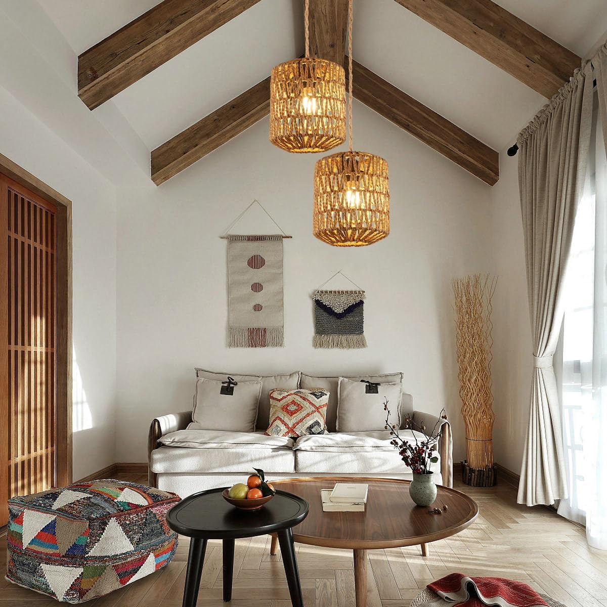 GOECO Lustre en Bambou Tressé - Forme Cylindrique 17.5x21cm, Douille E27, Sans Ampoule, Câble de Suspension 150cm - 3
