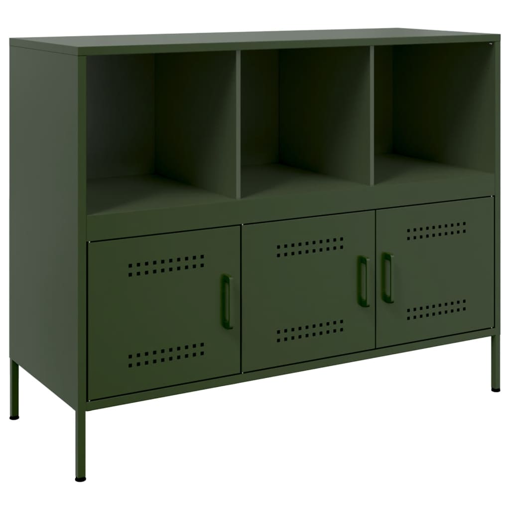 Buffet Haut Vert Olive En Acier - Dimensions 67x39x95 Cm, 2 Portes, 2 Tiroirs, Capacité 76 Kg, Design Moderne