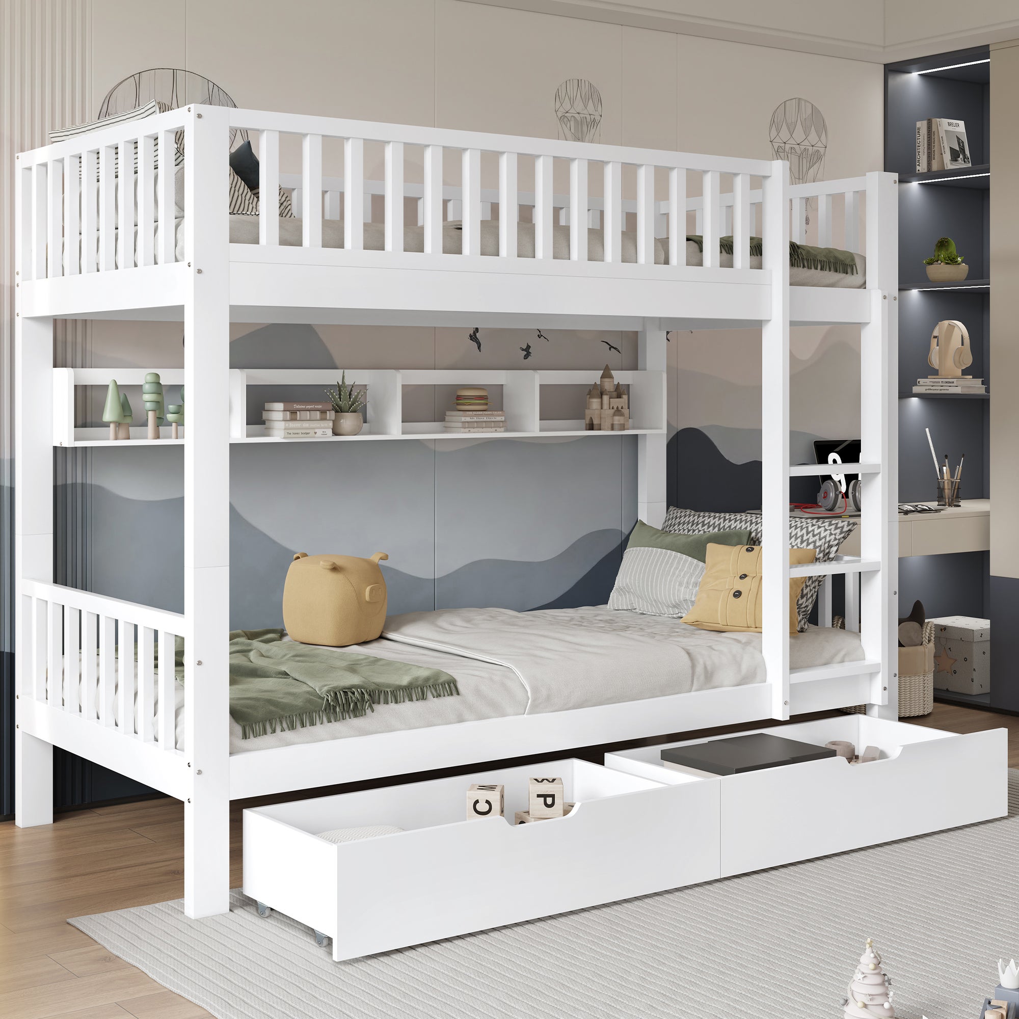 Lit superposés séparables 2 x 90 x 200 cm avec 2 tiroirs et étagères - Pin et MDF - Blanc (sans matelas) - 3