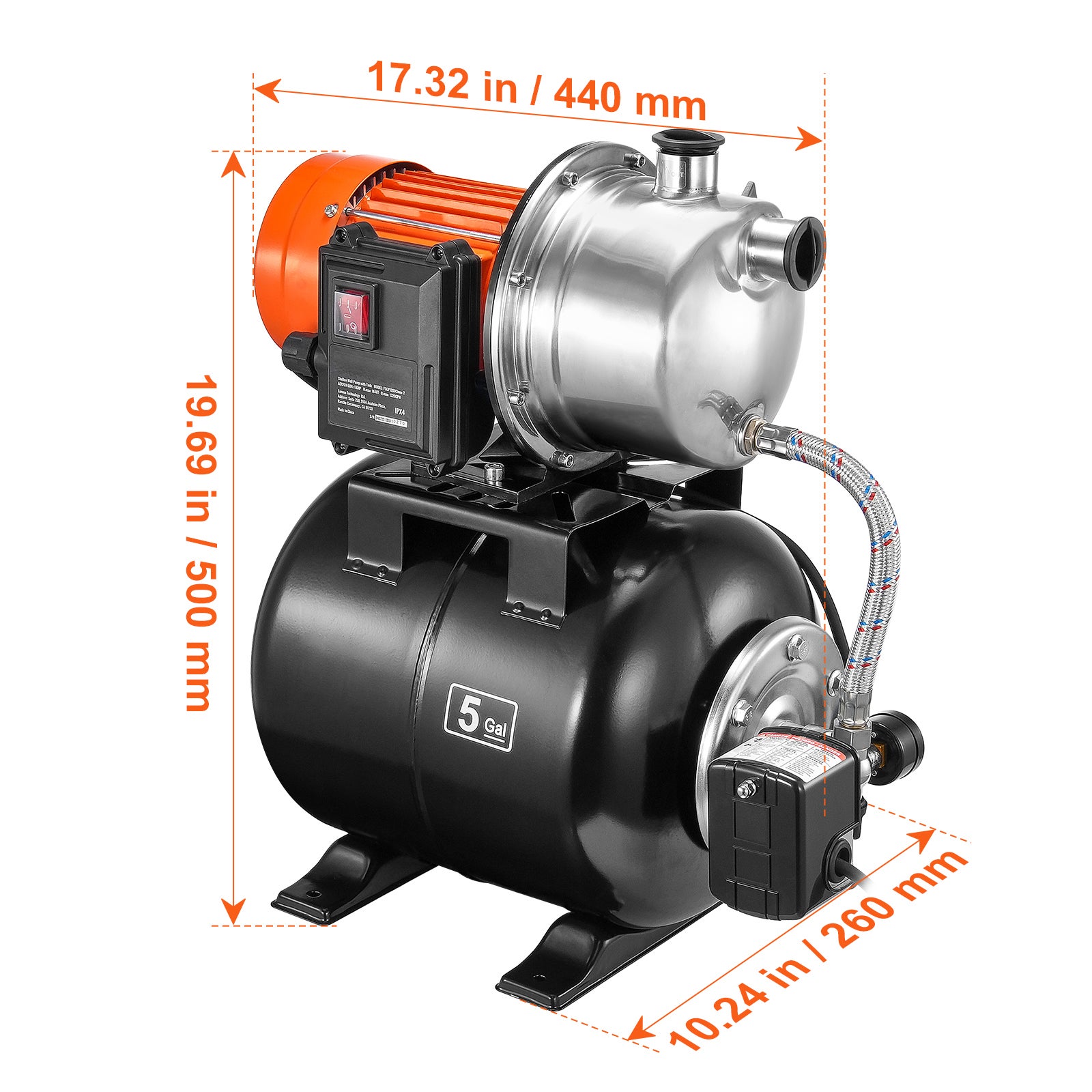 Bomba para Pozos Poco Profundos SucceBuy 1,6 HP con Tanque a Presión de 5 Galones,1320 GPH,Sobrepresor de Riego Automático,Presostato 30/50 PSI - 2