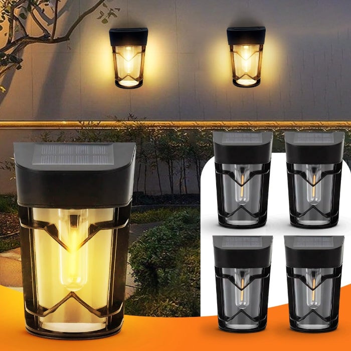 Zestaw 6 solarnych lamp na ogrodzenie, lampy solarne, wodoodporne IP44, z żarówką, ciepłe światło 3000K, odpowiednie na taras i patio