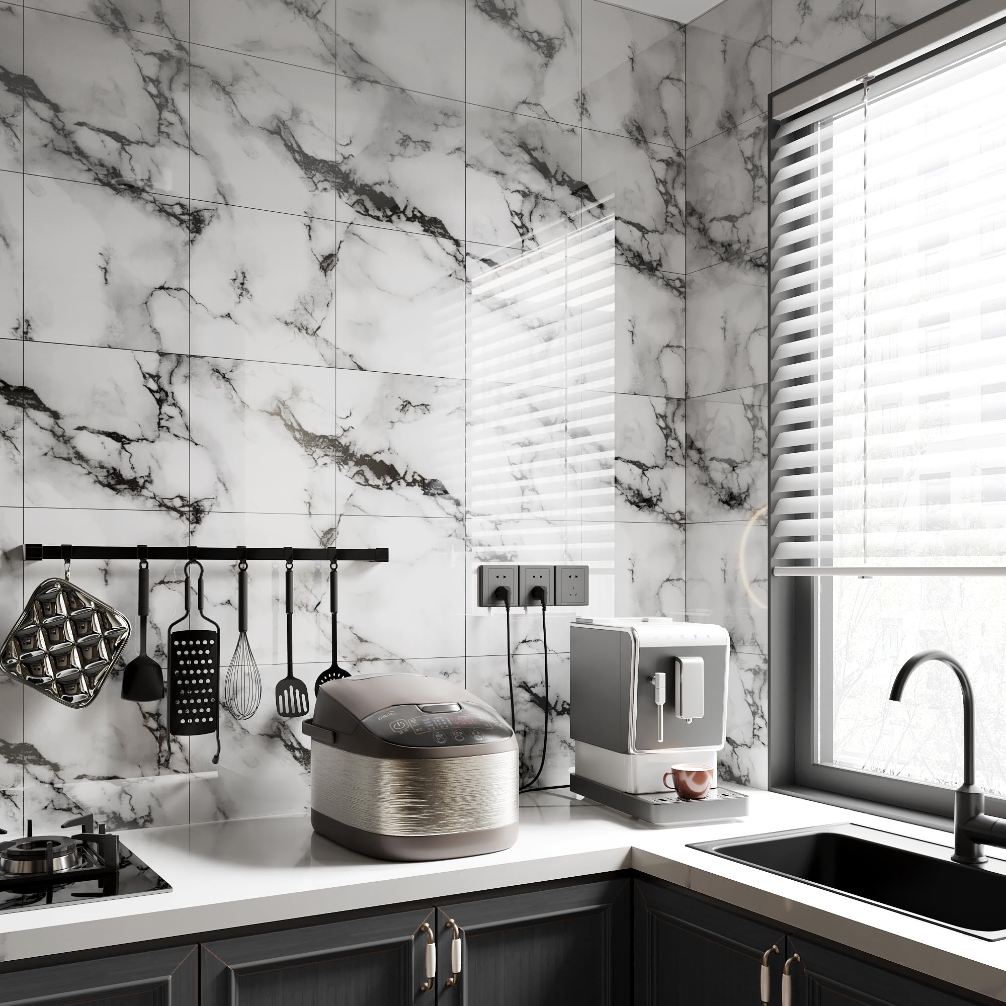 Set di 20 pannelli murali in ceramica autoadesivi e impermeabili effetto marmo, 30 x 30 cm, in PVC, adatti per bagni, cucine e soggiorni (05) - 3