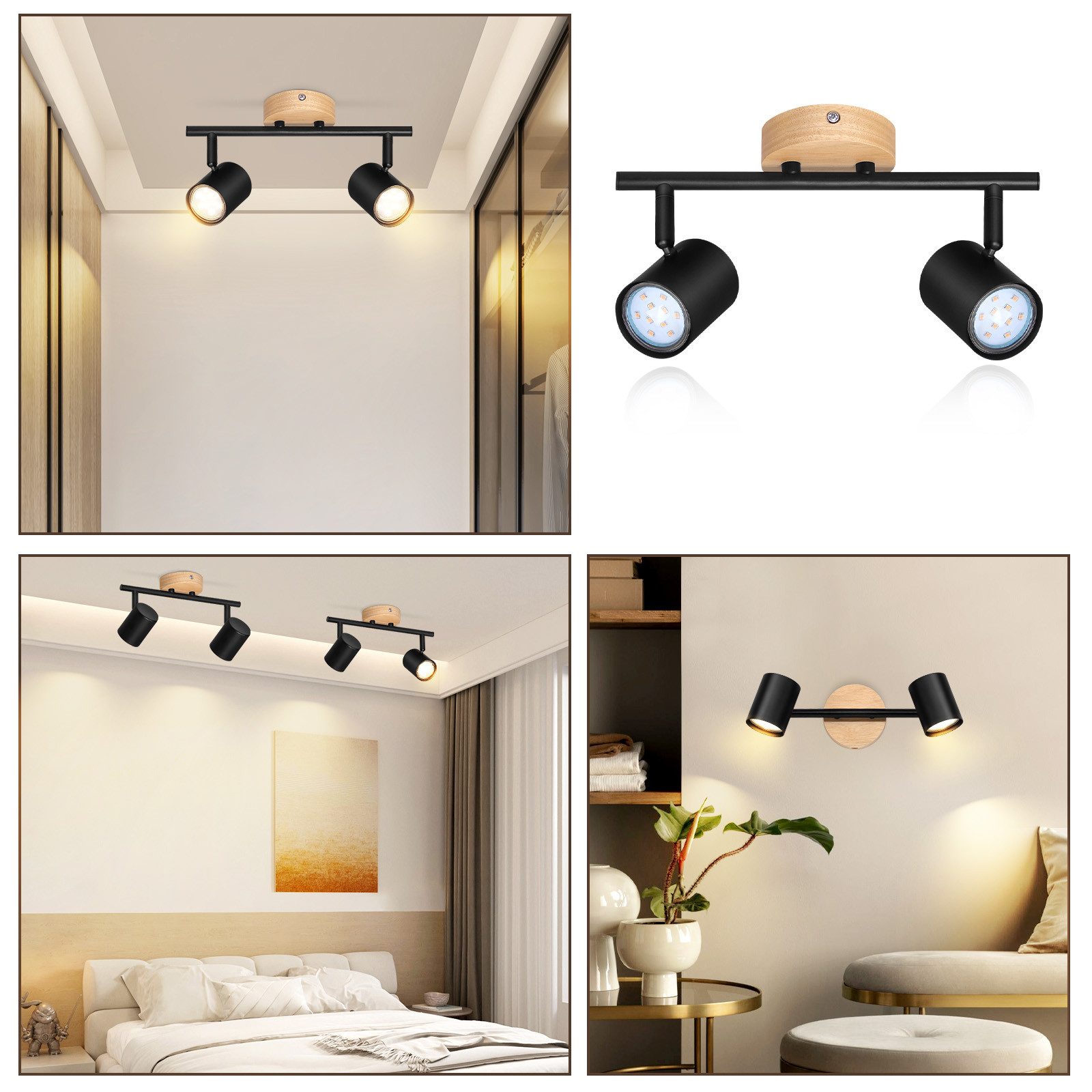 NETTLIFE Plafón LED de 2 llama - Plafón GU10 negro Foco giratorio Aplique de madera Foco de pared para salón dormitorio Sin bombilla - 7