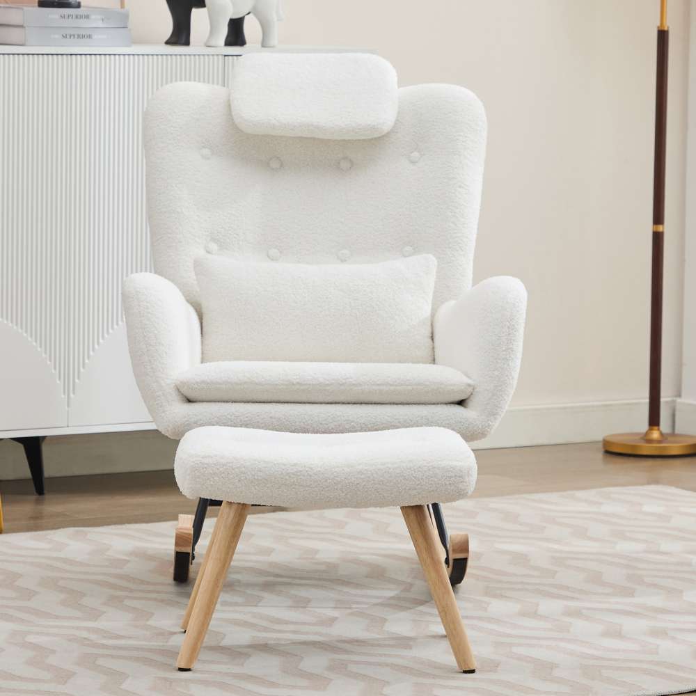 Fauteuil à bascule moderne blanc en tissu teddy avec repose-pieds, chaise de relaxation salon chambre confortable, capacité 100 kg - 3