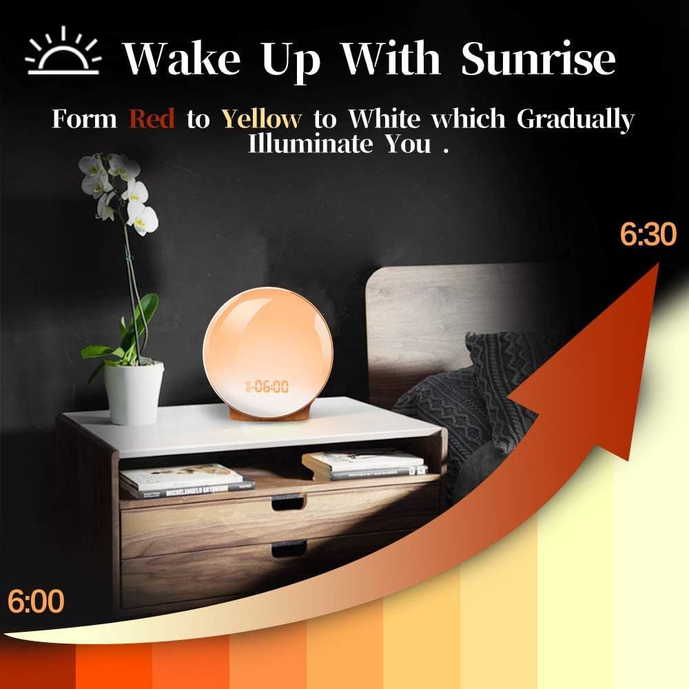 Lumière naturelle simulant le lever et le coucher du soleil, réveil électronique LED, lampe de chevet d'ambiance, veilleuse - 7