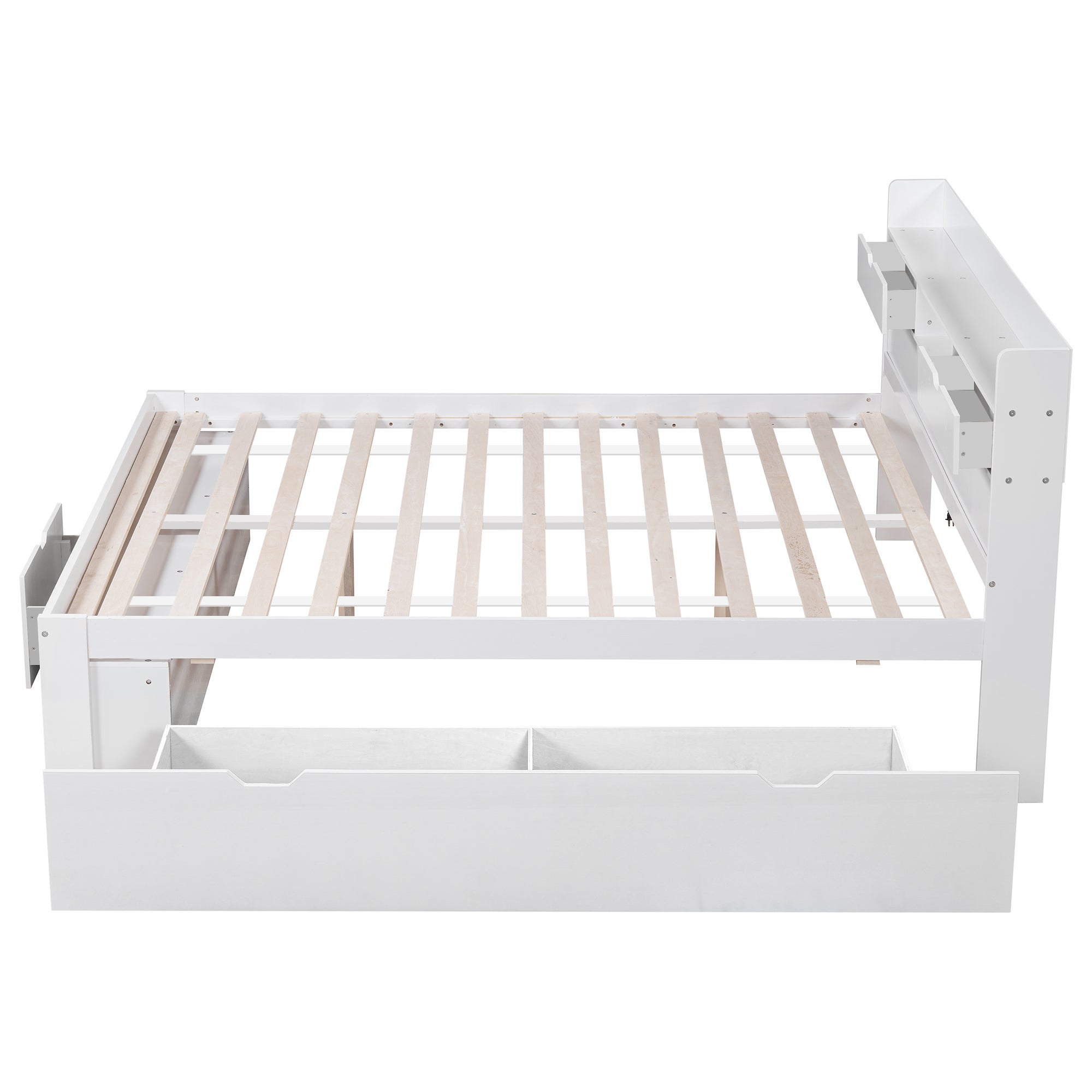 Lit double 160x200 cm avec rangements intégrés, tête de lit avec ports USB et tiroirs, structure en pin blanc, sans matelas - 7