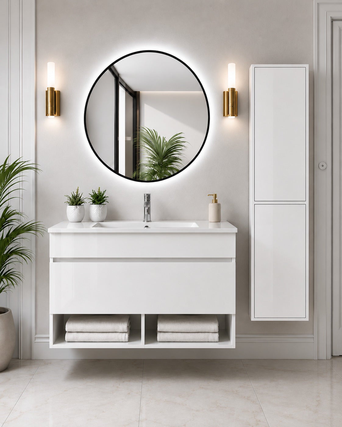 Mobilier de baie suspendat cu lavoar ORIGENBATH NEBARI cu sertar cu coloană 100x45 cm alb cu coloană