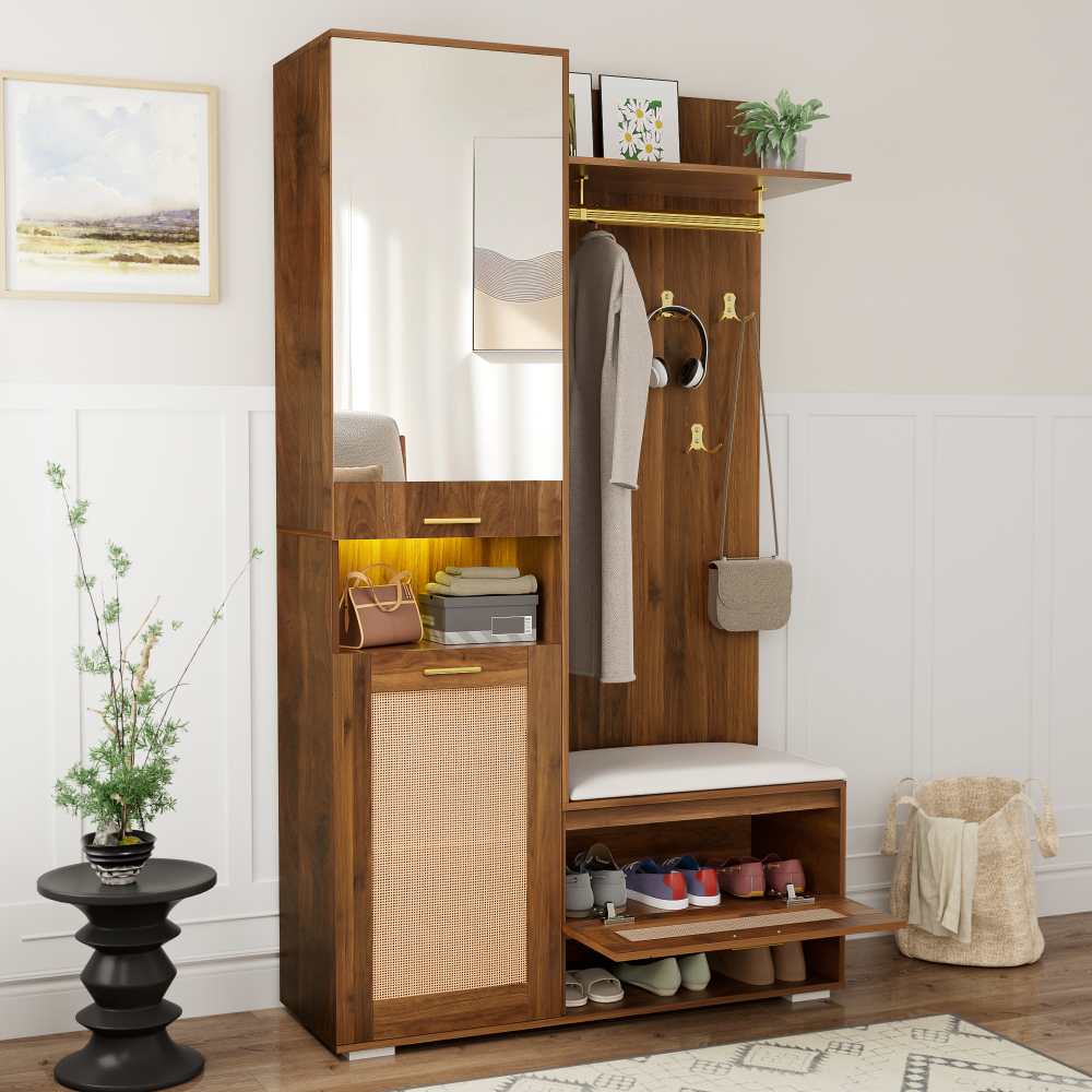 Set di Armadio con Specchio, Illuminazione LED a 16 Colori, 6 Ganci Dorati, Scarpiera e Panchina, Design Moderno per Entrata - 5