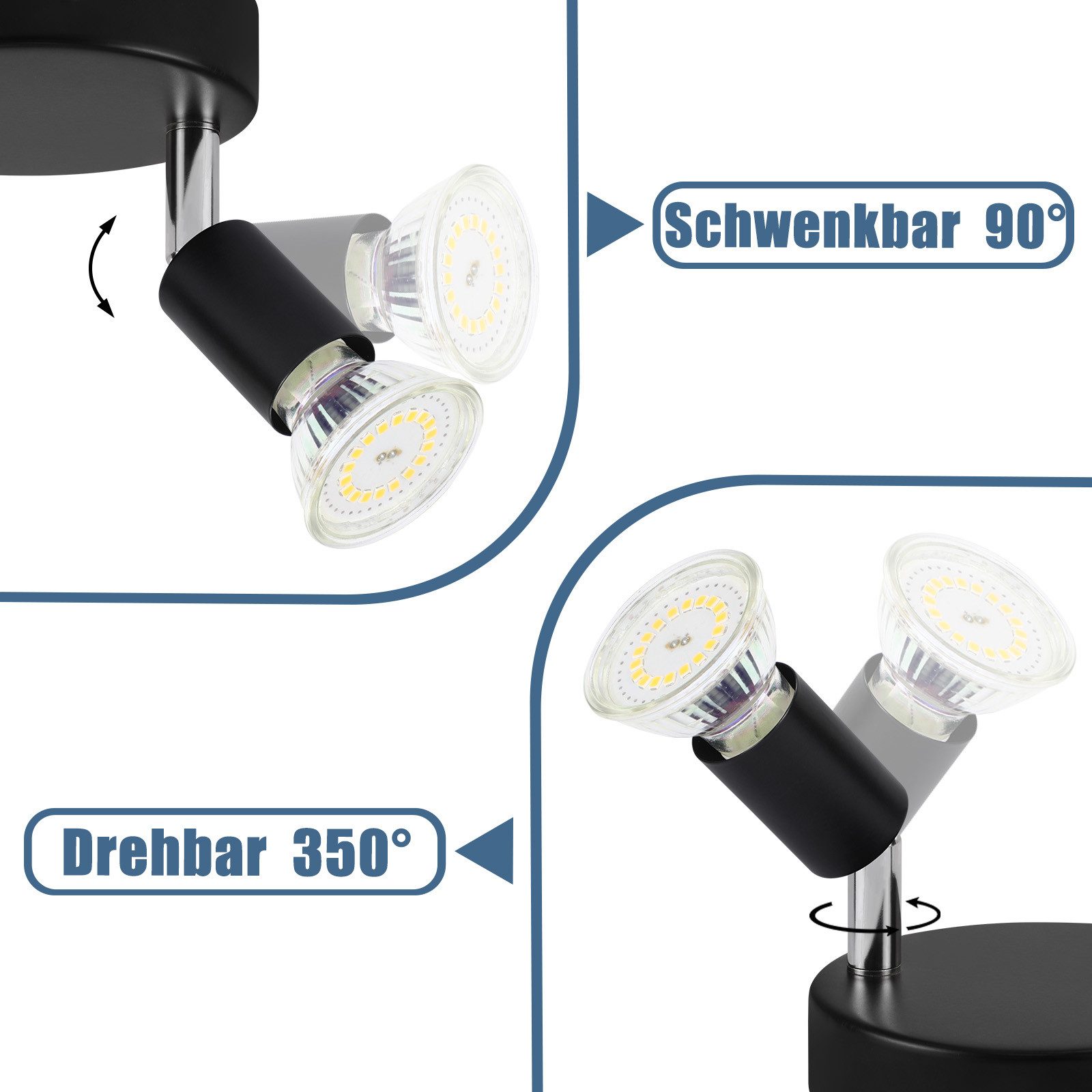 NETTLIFE Spot de plafond LED noir 2 ampoules orientable 350° GU10 industriel - 5