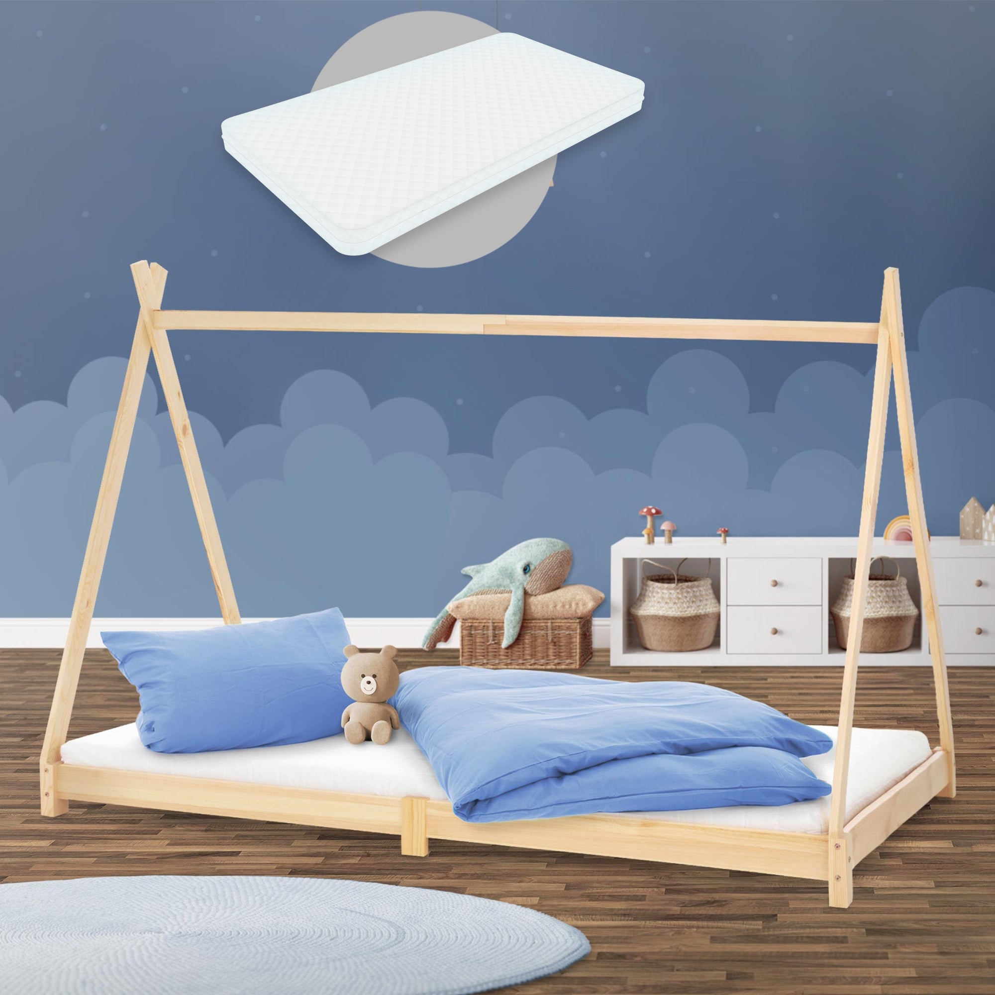 Lit d'enfants Tipi 90x200 cm naturel cadre style indien en bois de pin massif matelas H:10 cm hypoallergénique housse amovible et sommier à lattes - 2