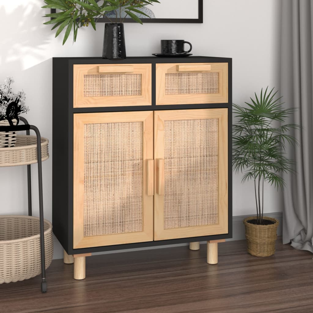 Credenza Armadietto Portaoggetti In Legno Massello Di Pino E Rattan Naturale, 4 Cassetti, Cm 40x30x90, Per Soggiorno