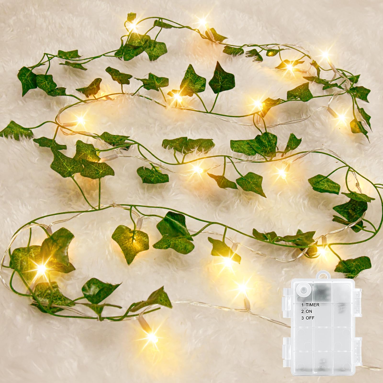 Girlanda Światełek z Liśćmi, 2M 20LED Sztuczny Bluszcz Girlanda Światełek IP65 Wodoodporna Lampa Sznurkowa Bluszcz z Timerem, do Ogrodu, Sypialni