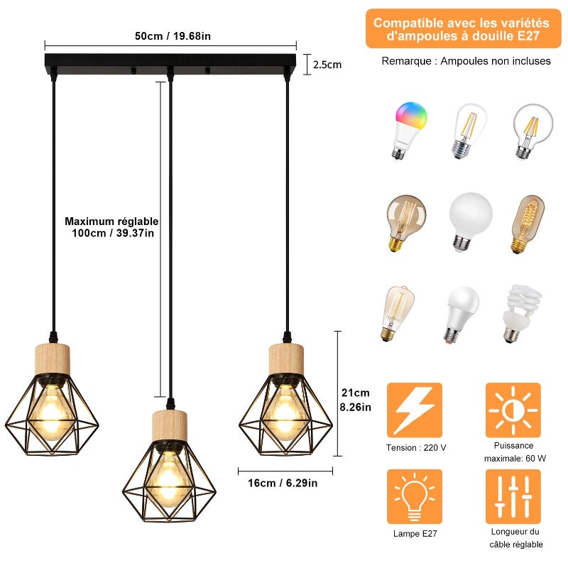 COMELY Suspension Industrielle Vintage E27, Lustre à 3 Lampes en Métal avec Abat-Jour en Cage, Luminaire Rétro pour Salon Cuisine Salle à Manger Bar - 2