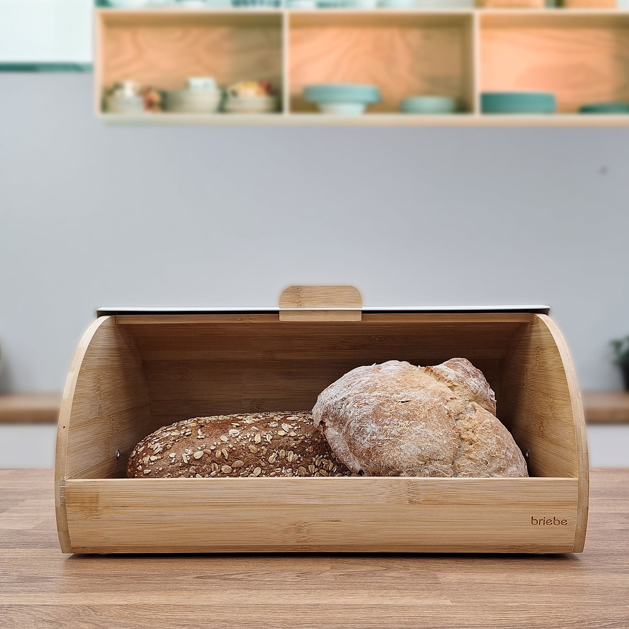 Panera para Guardar Pan de Mesa Madera Bambú, Tapa Deslizante Bread Box Almacenamiento Bollería, Briebe, Blanco, , BB1162 - 5