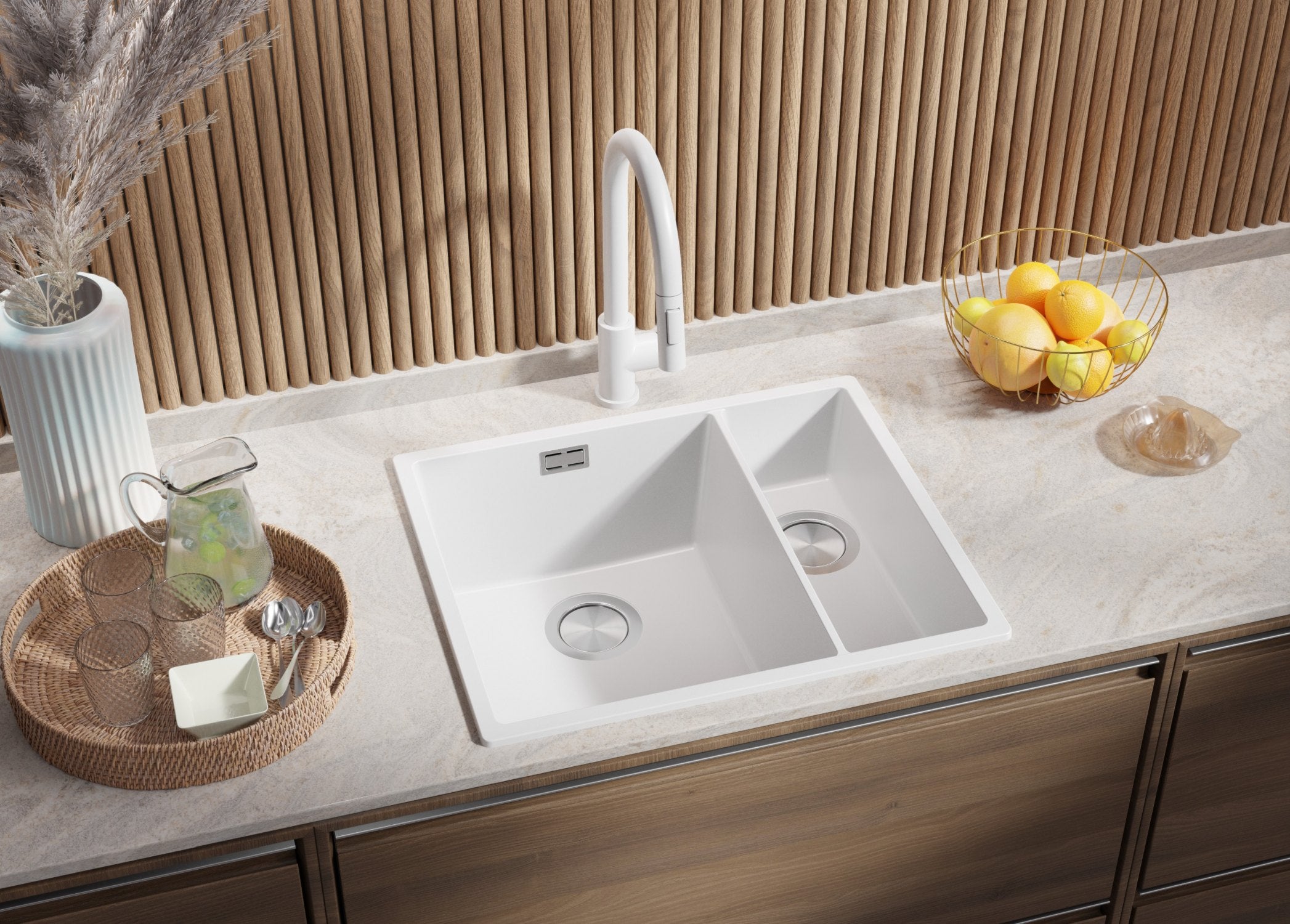 Lavandino da Cucina Bianco 56x47cm, Lavello in Granito a 1,5 vasche + Sifone Classico + Accessori, Lavabo da Cucina Incasso al mobile 60cm PRIMAGRAN - 2