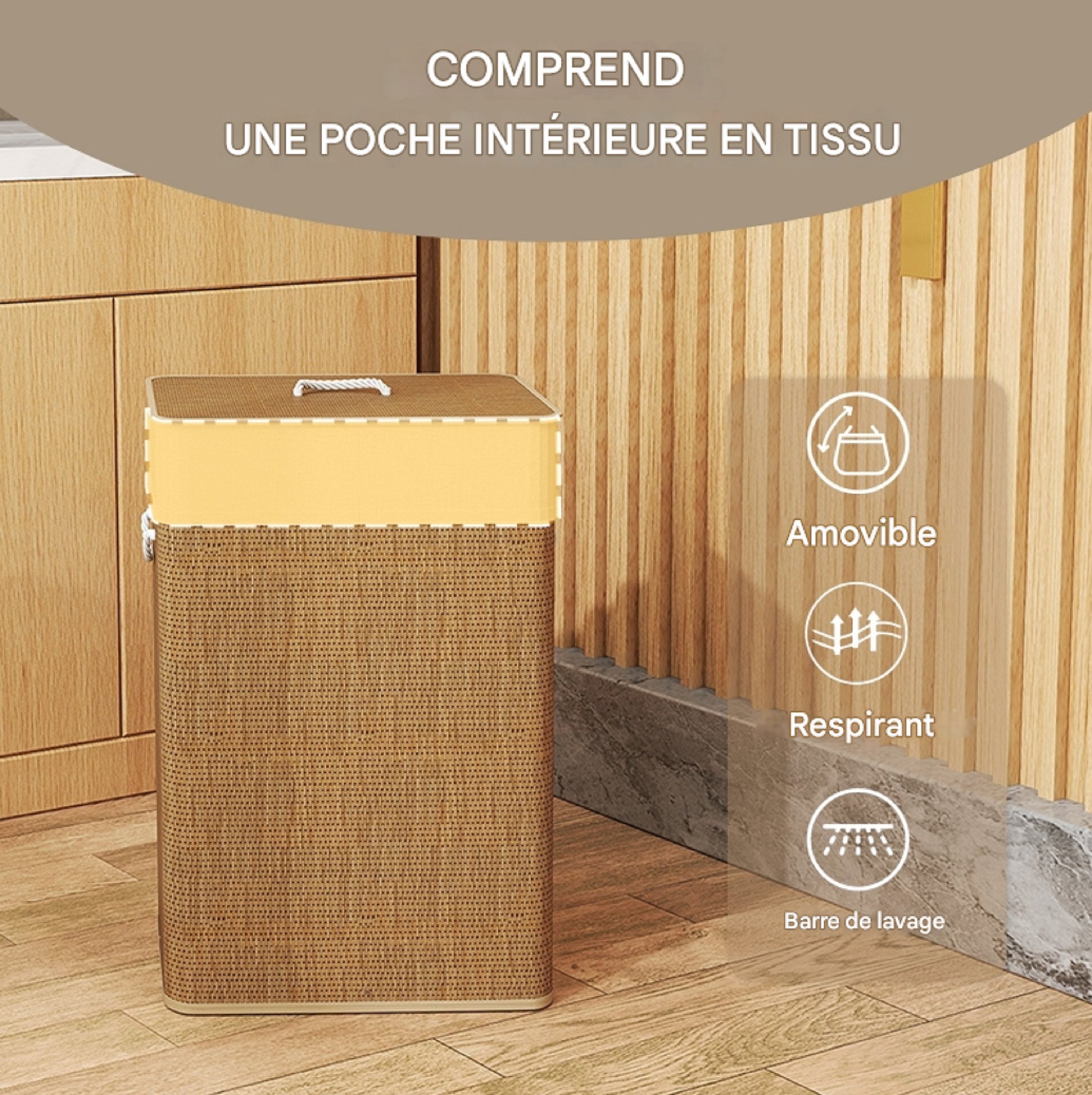 Panier à linge en bambou avec couvercle, 72 L, poignées en corde, sac à linge amovible, panier à linge - marron - 6