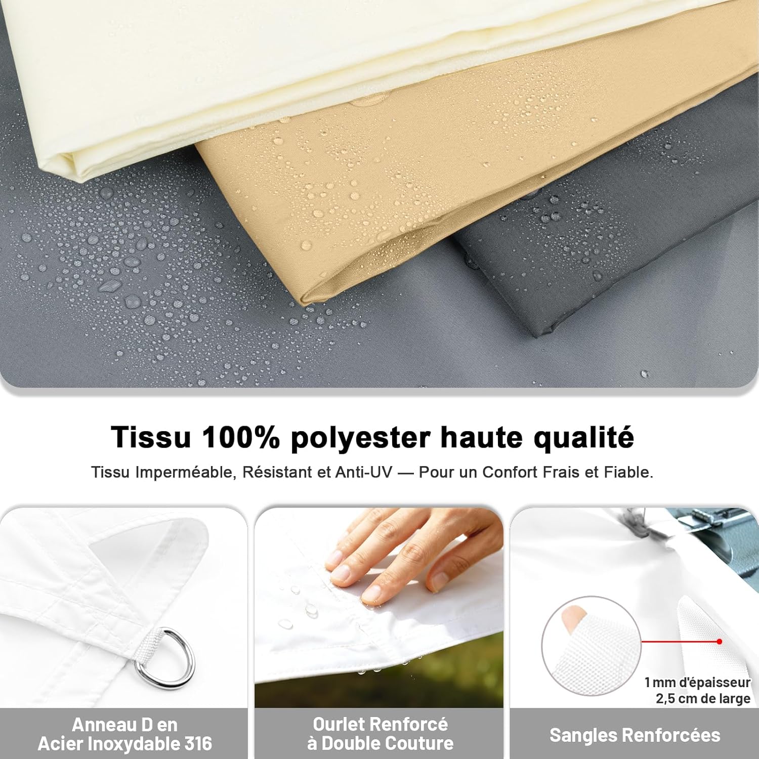 Voile d'ombrage Triangulaire Imperméable 3x3x3m Toile Ombrage PES avec 95% UV Protection pour Patio Extérieur Jardin Terrasse, Blanc - 4