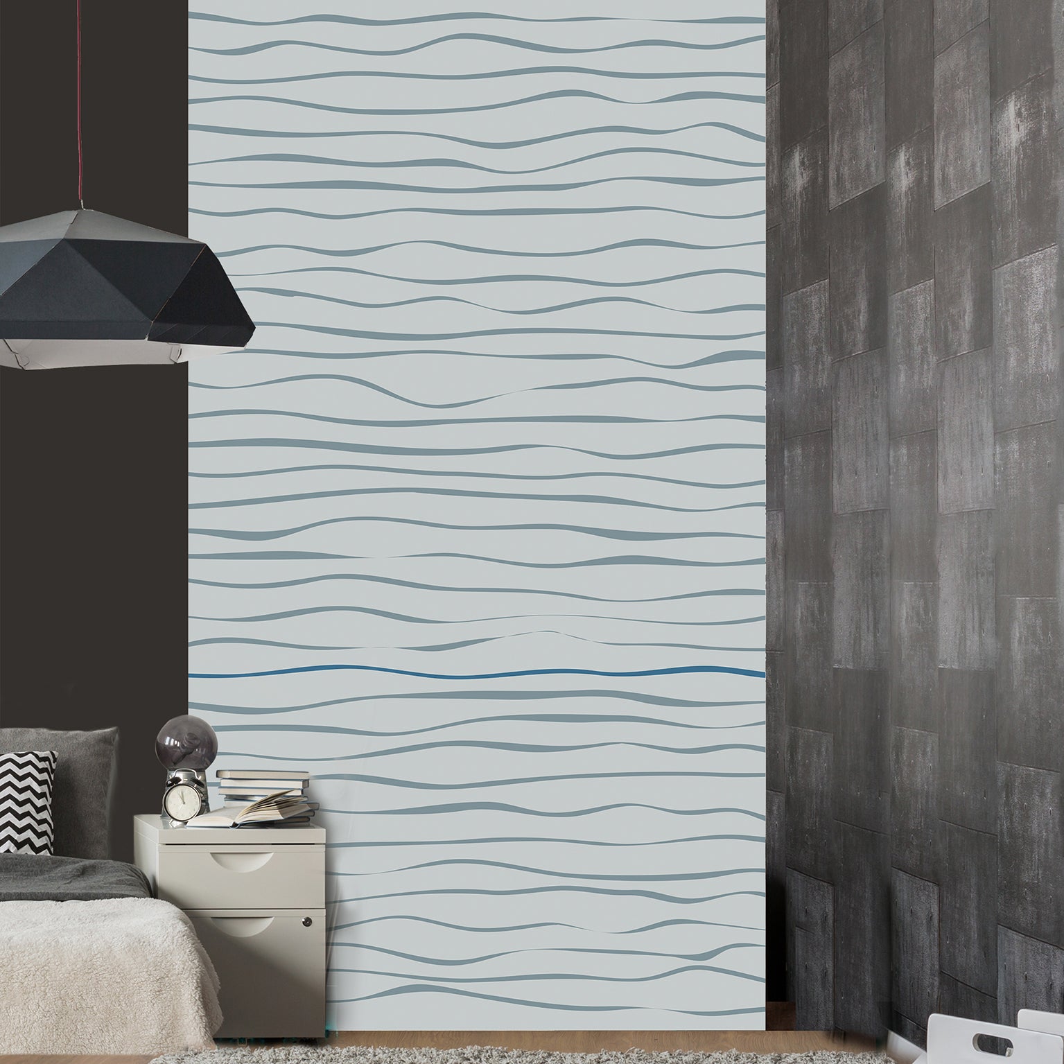 Papel tapiz panorámico no tejido, ondas horizontales grises y línea azul sobre un fondo gris claro, 250 cm x 150 cm