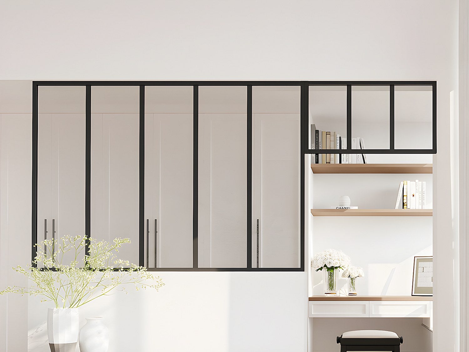 Cristalera estilo taller con travesaño de aluminio termolacado - ancho 150 x alt. 105 + ancho 73 x alt. 40 cm - negro - bayview